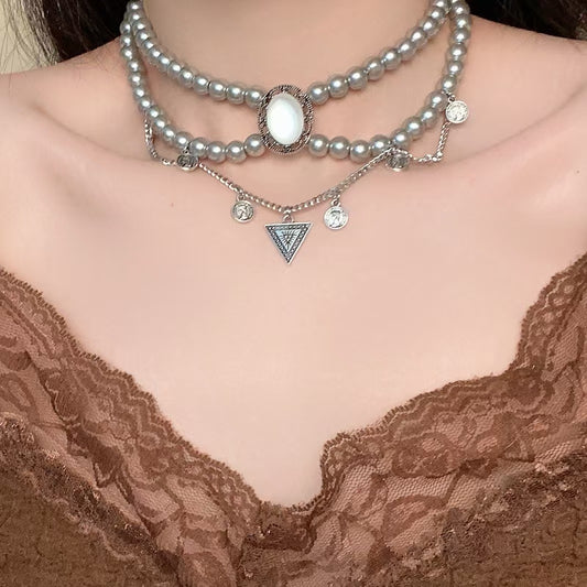 Gothic Double Layer Grey Pearl Choker Necklace with Coin Charms & Triangle