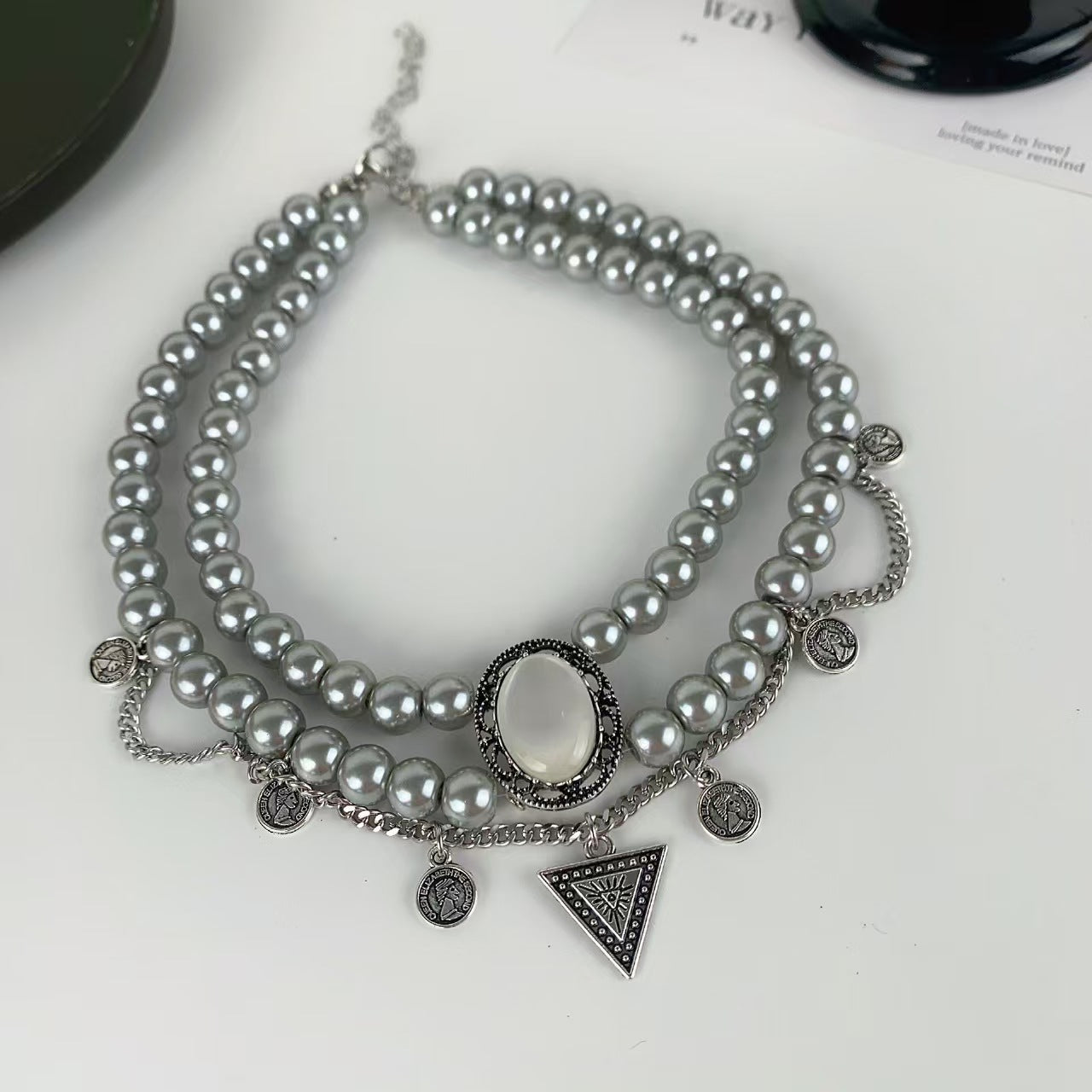 Gothic Double Layer Grey Pearl Choker Necklace with Coin Charms & Triangle