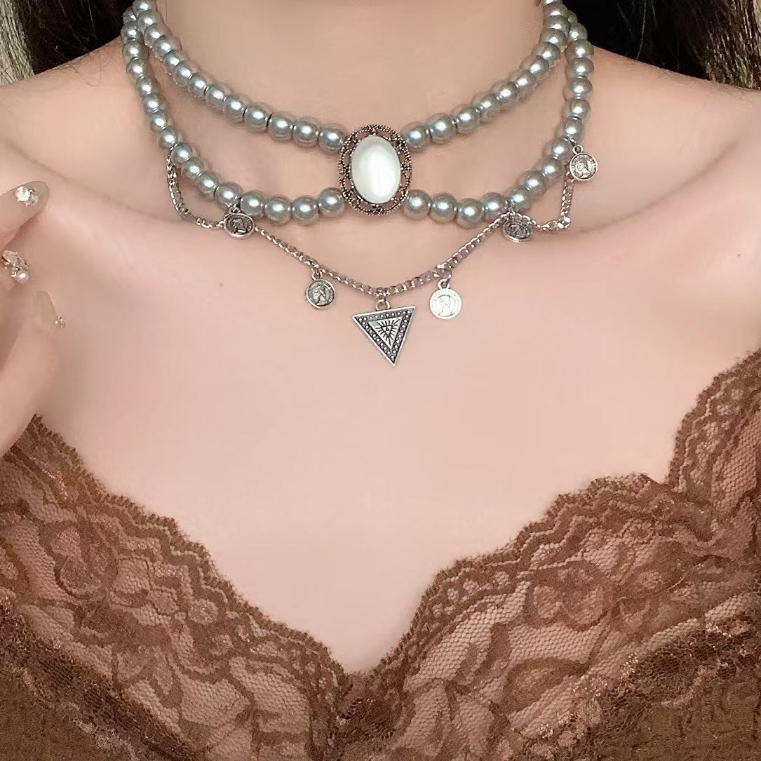 Gothic Double Layer Grey Pearl Choker Necklace with Coin Charms & Triangle