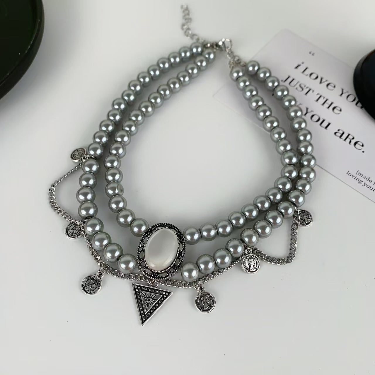 Gothic Double Layer Grey Pearl Choker Necklace with Coin Charms & Triangle