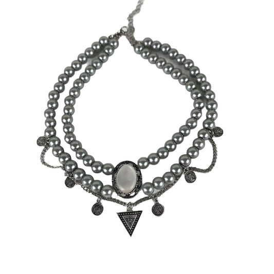 Gothic Double Layer Grey Pearl Choker Necklace with Coin Charms & Triangle