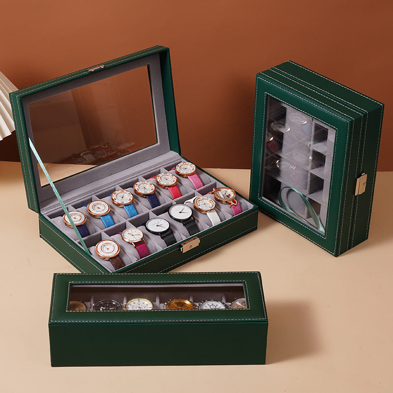 Watch Box Large 12 Mens Dull green Leather Display Glass Top Jewelry Case Organizer